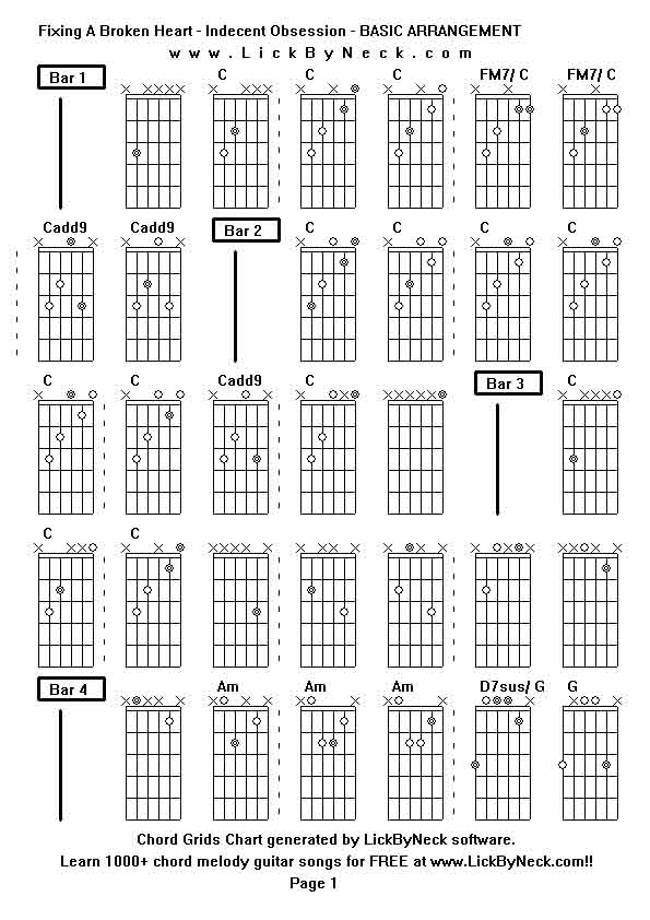 Chord Grids Chart of chord melody fingerstyle guitar song-Fixing A Broken Heart - Indecent Obsession - BASIC ARRANGEMENT,generated by LickByNeck software.